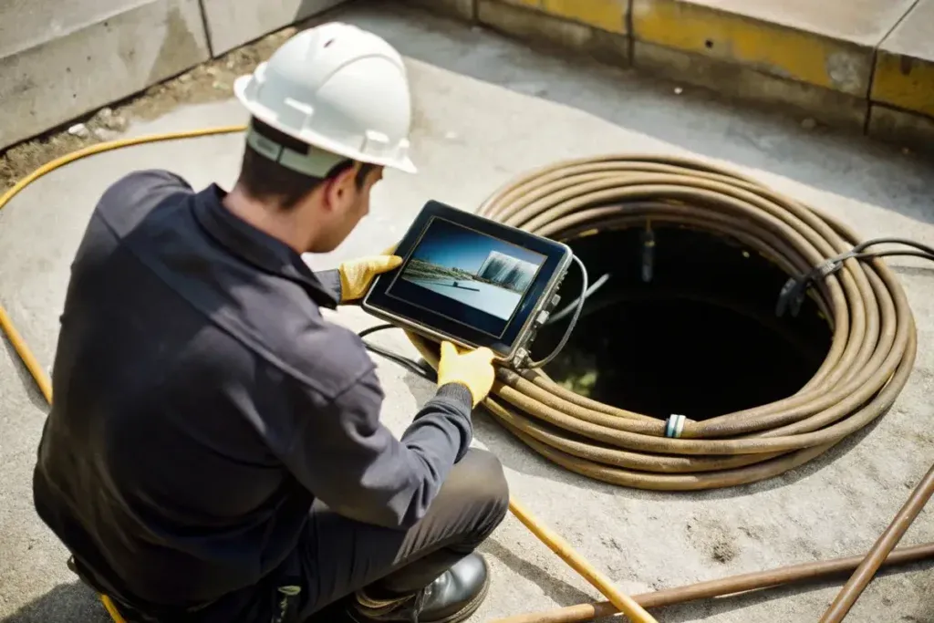 Drainage engineer operating CCTV survey equipment